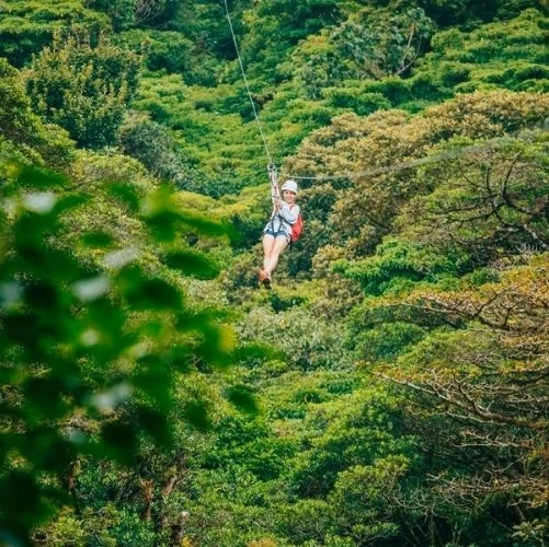 Femme en tyrolienne au parc Selvatura à Monteverde au Costa Rica