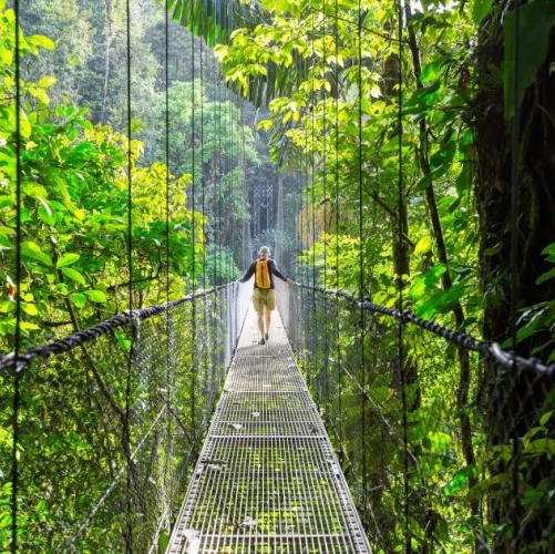 Traversée d'une pont suspendu à Arenal au Costa Rica
